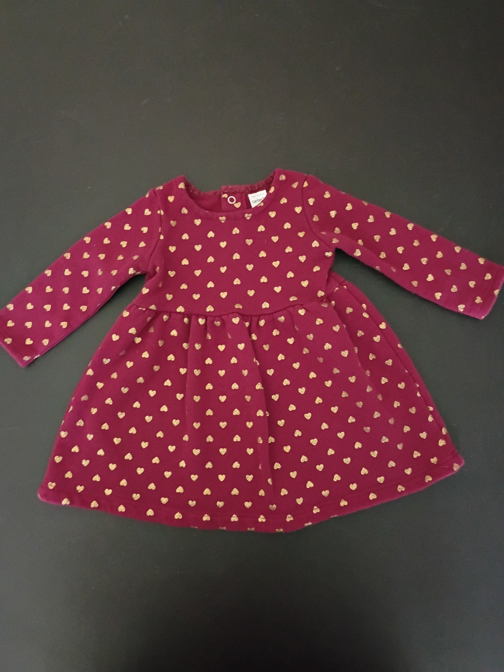 Carter's Baby Girls Maroon Long Sleeve Gold Glitter Heart Dress Size 9 Months -